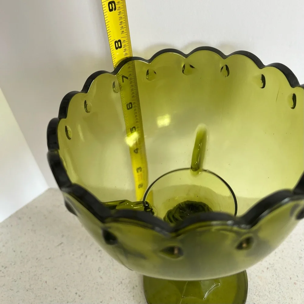 Vintage Pedestal Olive Green Indiana Glass Compote Candy Dish Bowl 7” X 5.5”